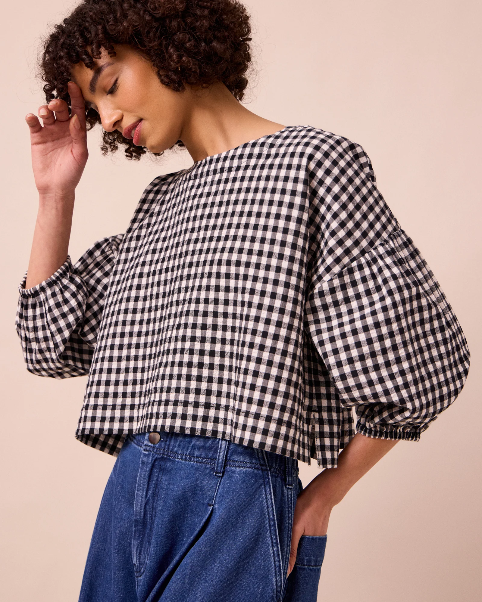 Aisha Black & Ecru Gingham Cotton Seersucker Top - Image 3