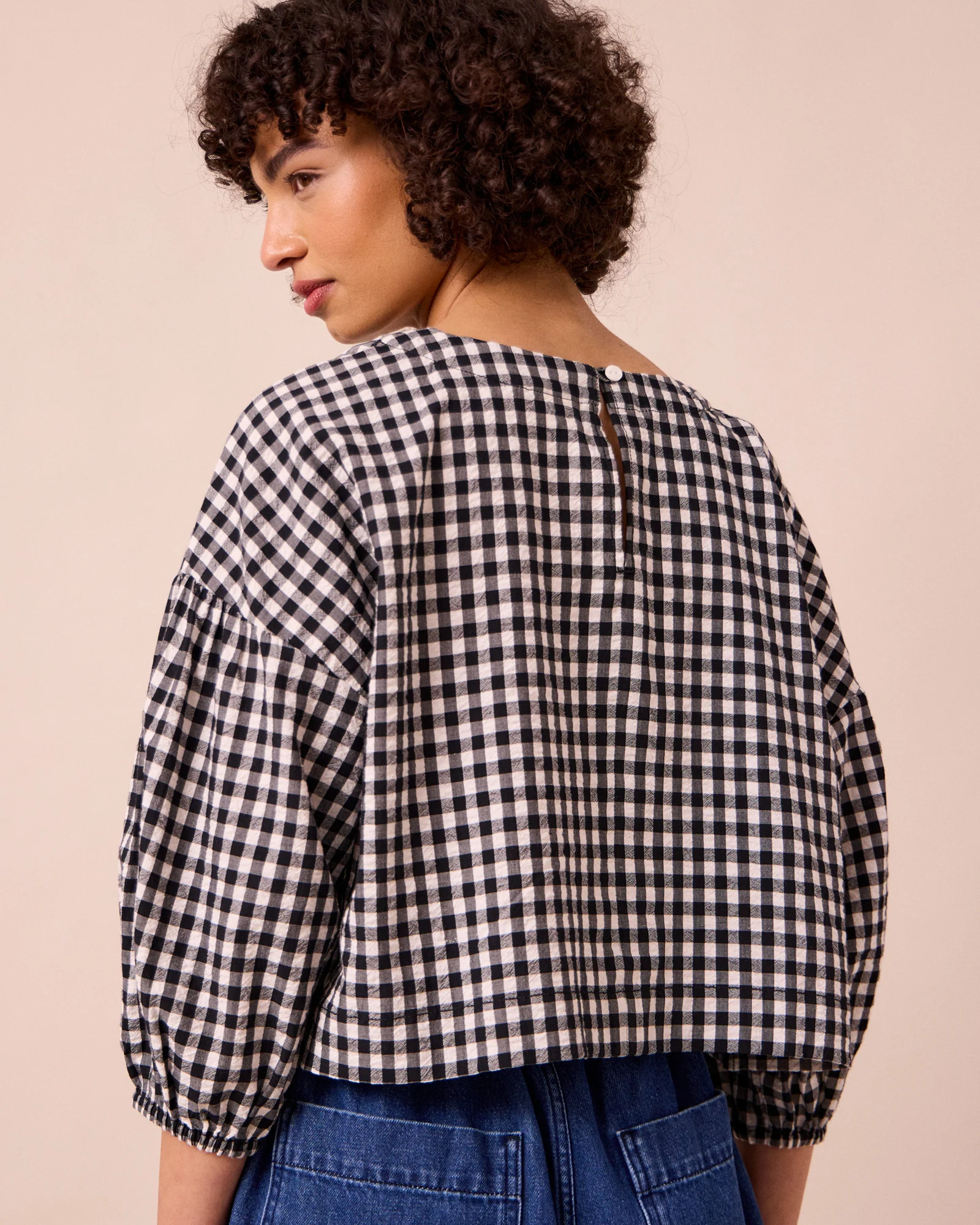 Aisha Black & Ecru Gingham Cotton Seersucker Top - Image 4