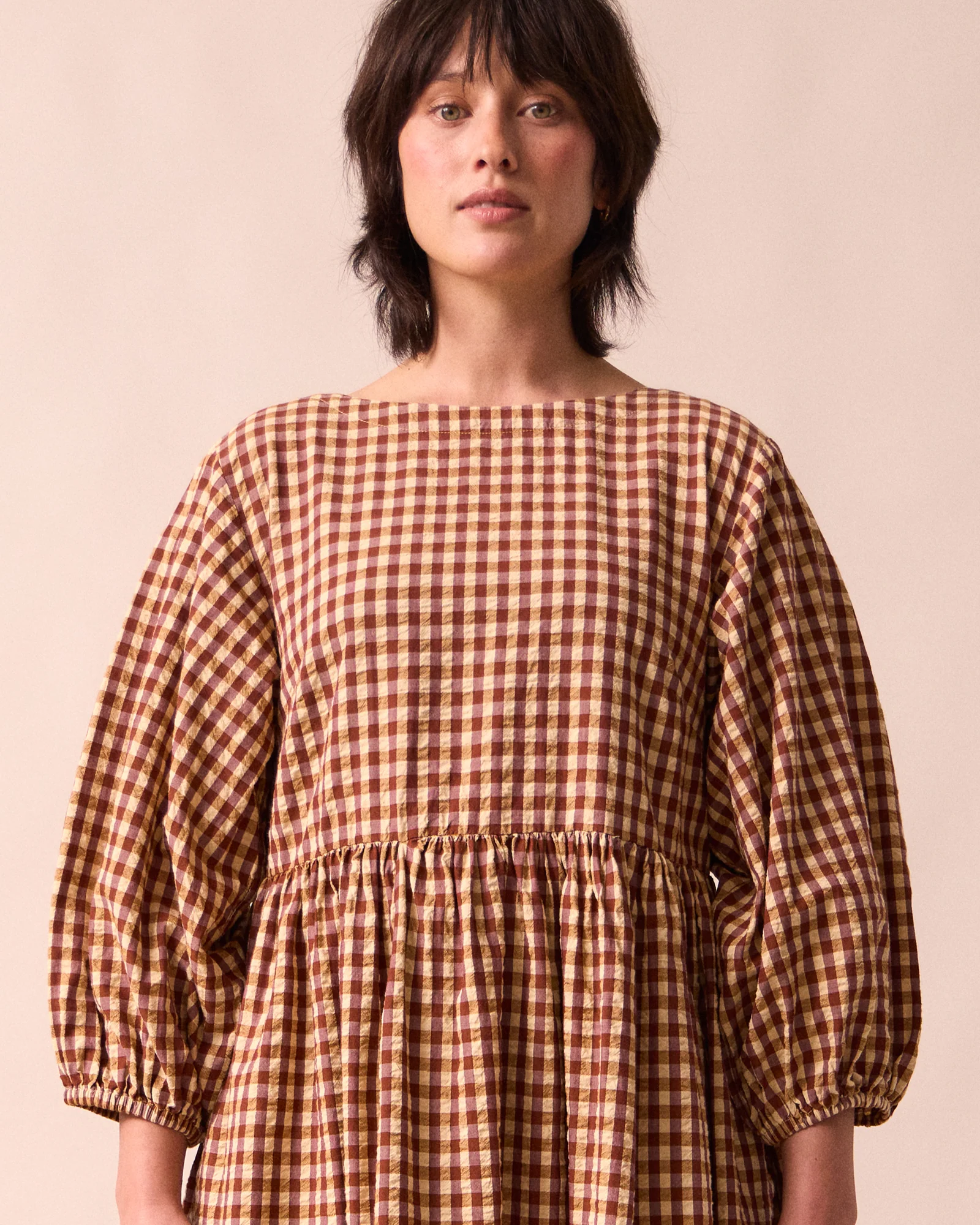 Berlin Tan Gingham Seersucker Dress - Image 3