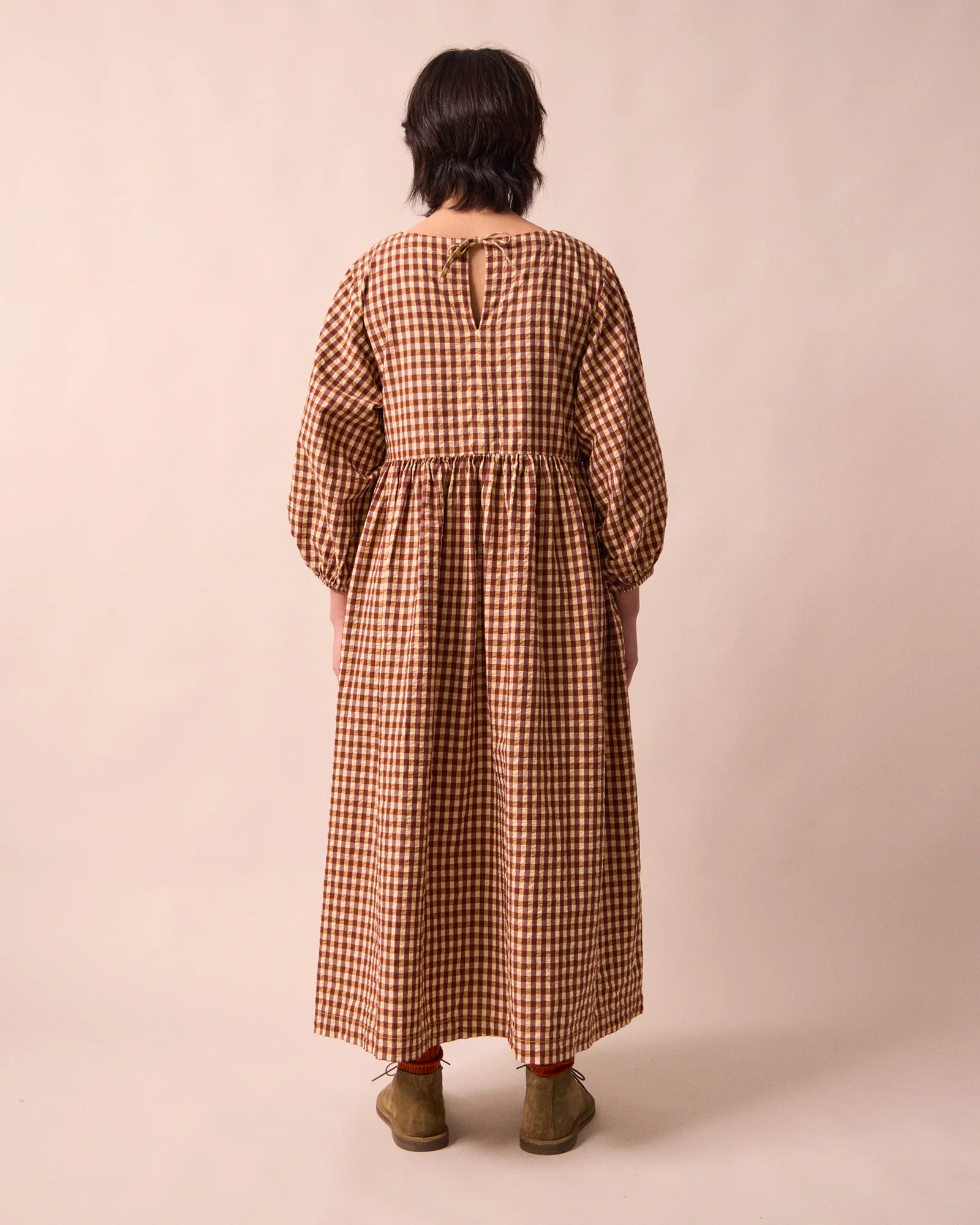 Berlin Tan Gingham Seersucker Dress - Image 4