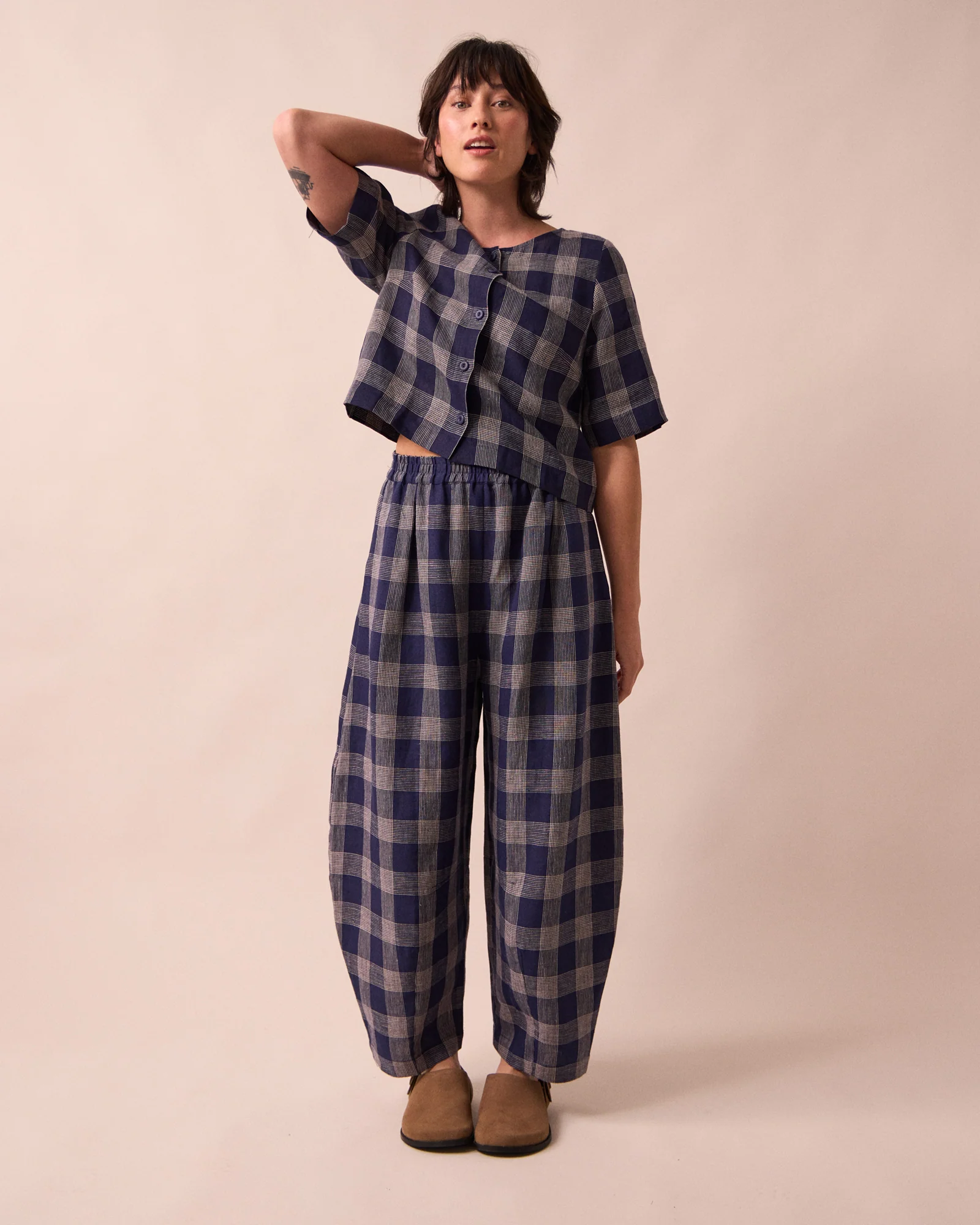 Daisy Navy Plaid Linen Trousers - Image 3
