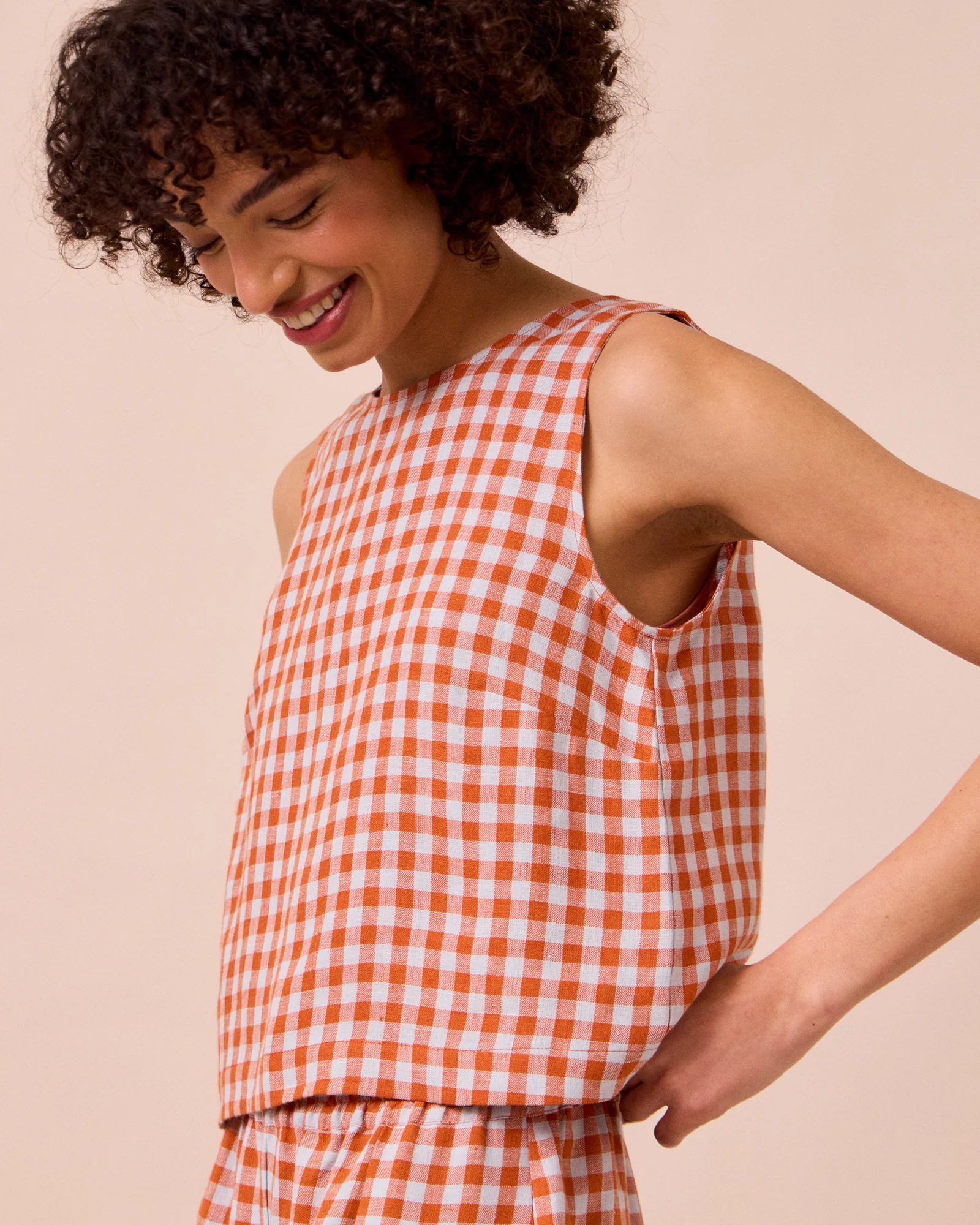 Esme Burnt Orange Gingham Linen Top - Image 3