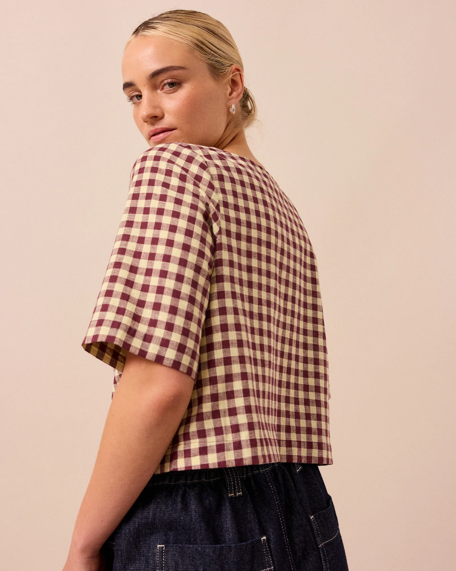 Evelyn Burgundy & Butter Check Cotton Linen Top - Image 3