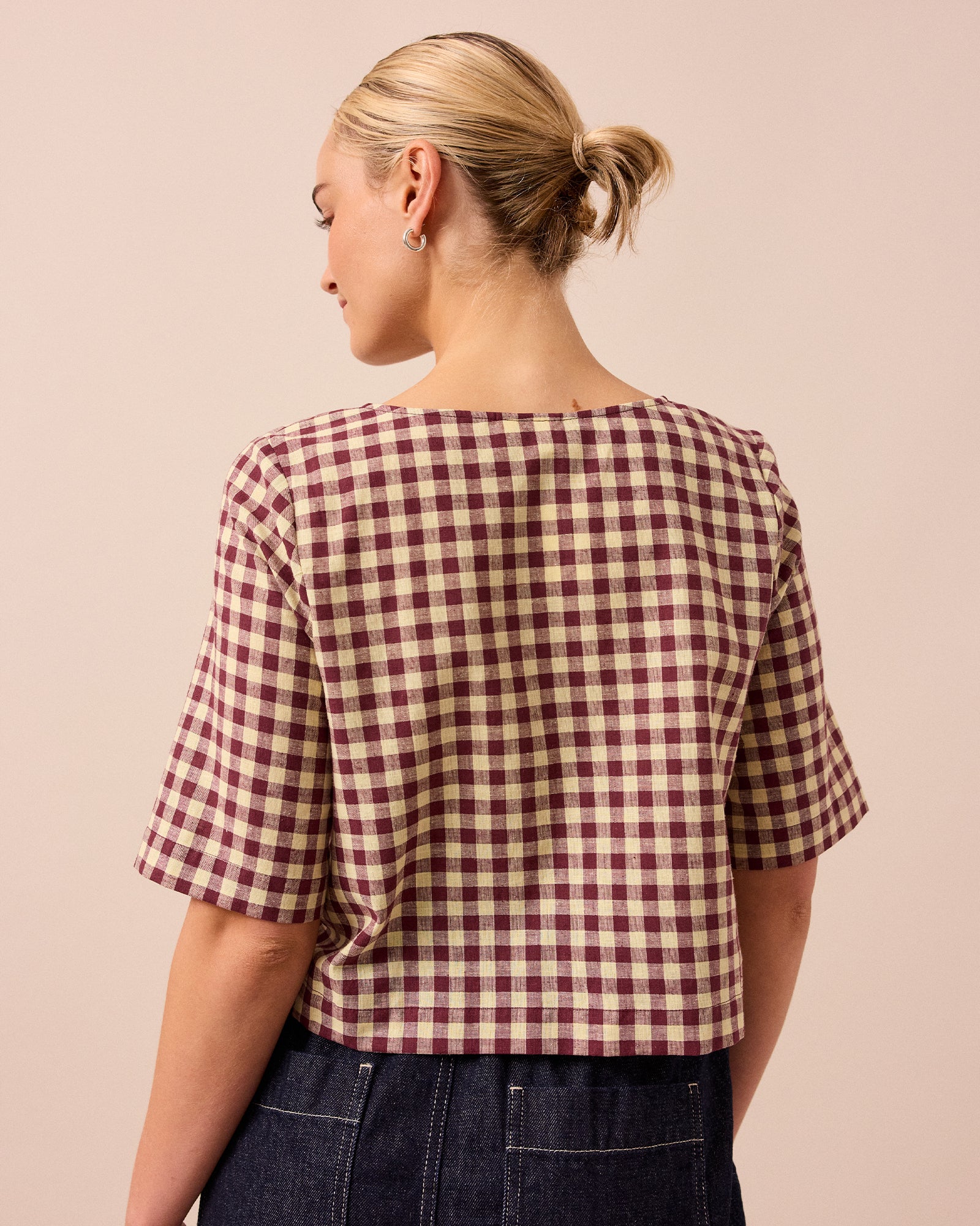 Evelyn Burgundy & Butter Check Cotton Linen Top - Image 4