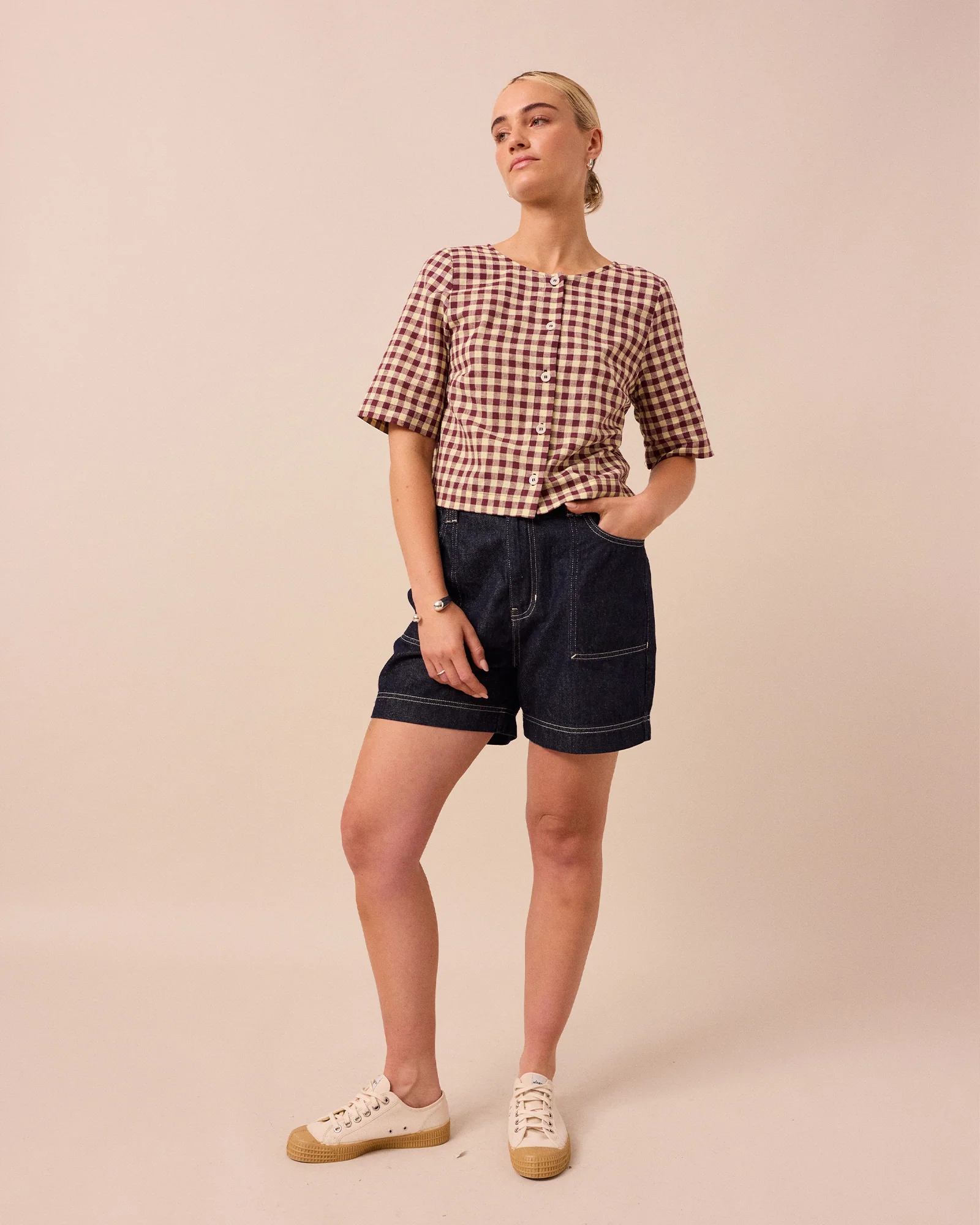 Evelyn Burgundy & Butter Check Cotton Linen Top - Image 5