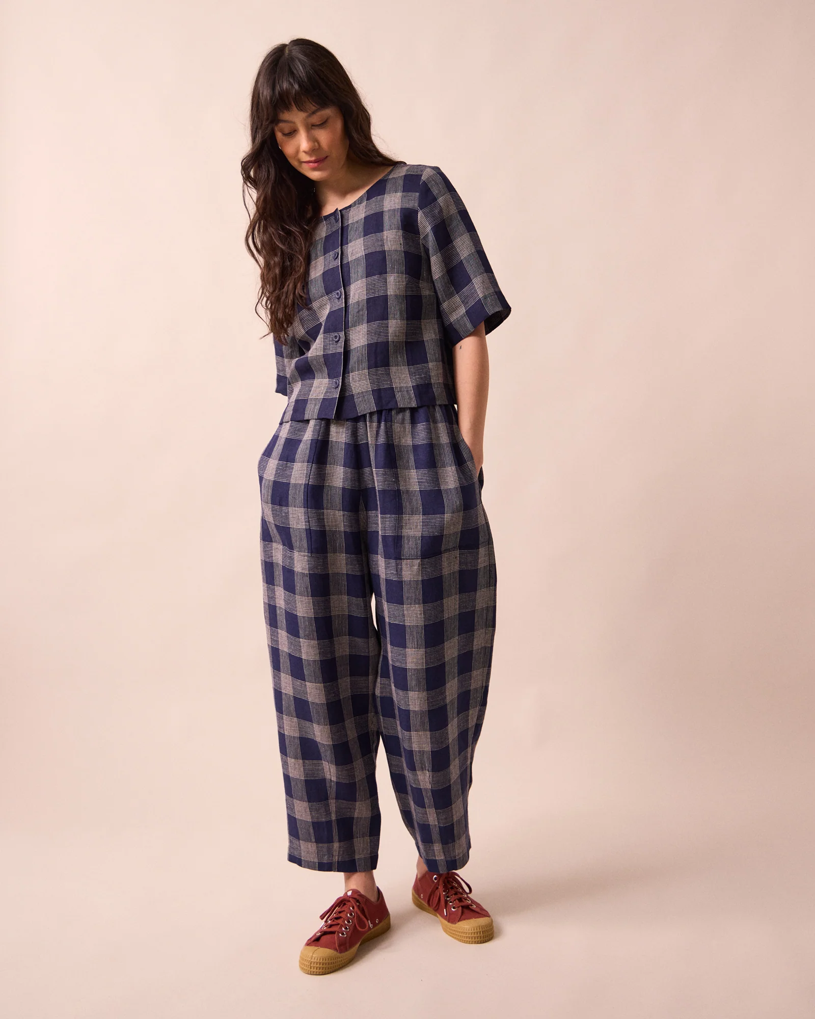 Evelyn Navy Plaid Linen Top - Image 2