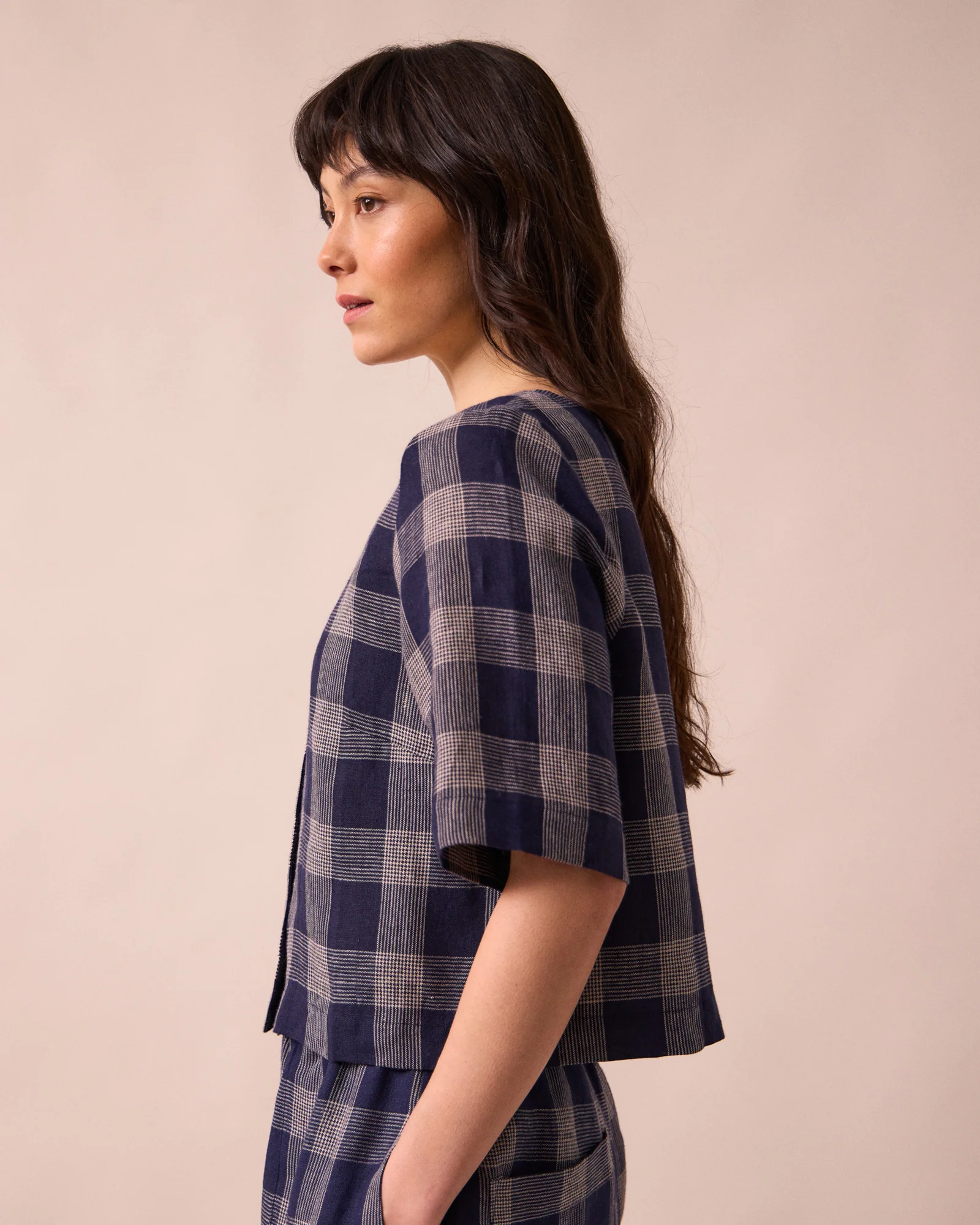 Evelyn Navy Plaid Linen Top - Image 3