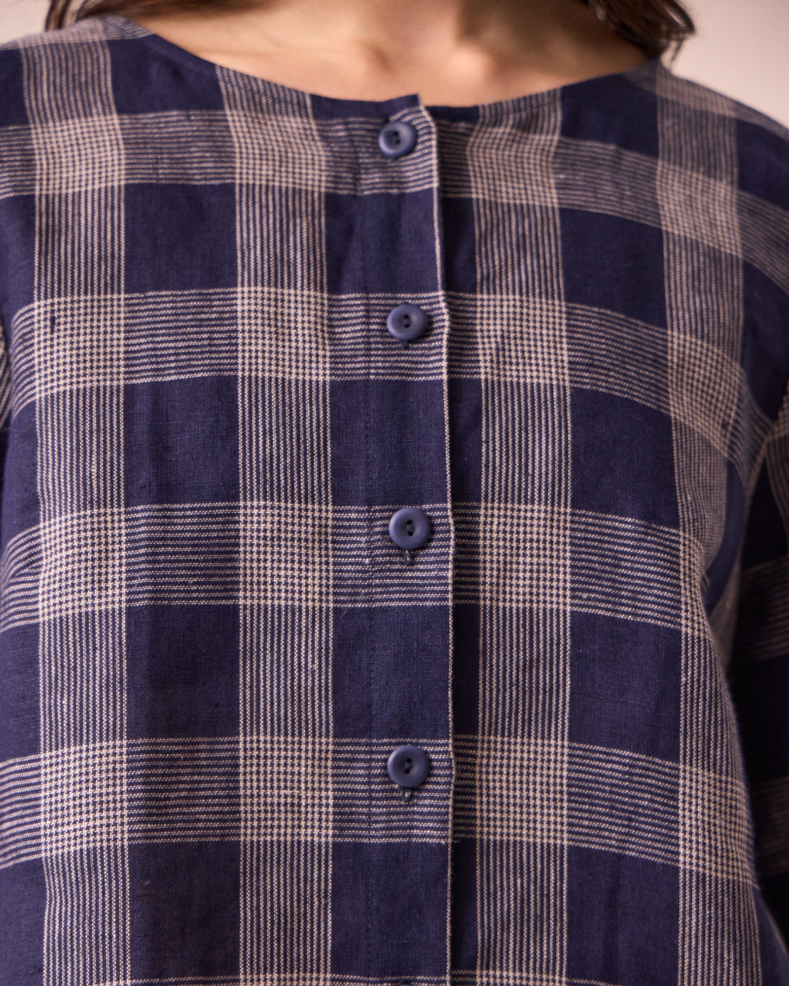 Evelyn Navy Plaid Linen Top - Image 4