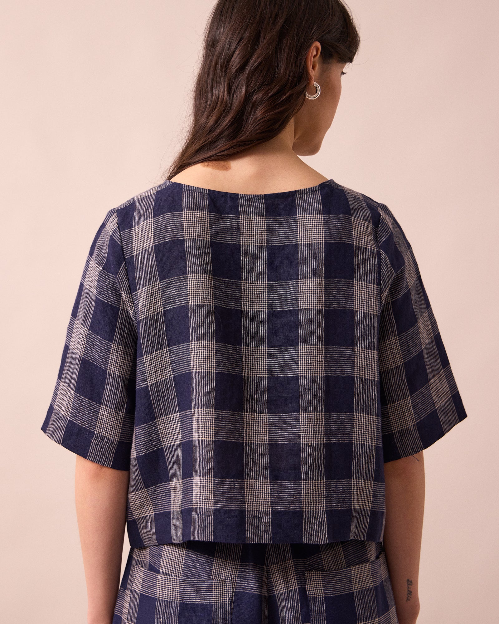 Evelyn Navy Plaid Linen Top - Image 5