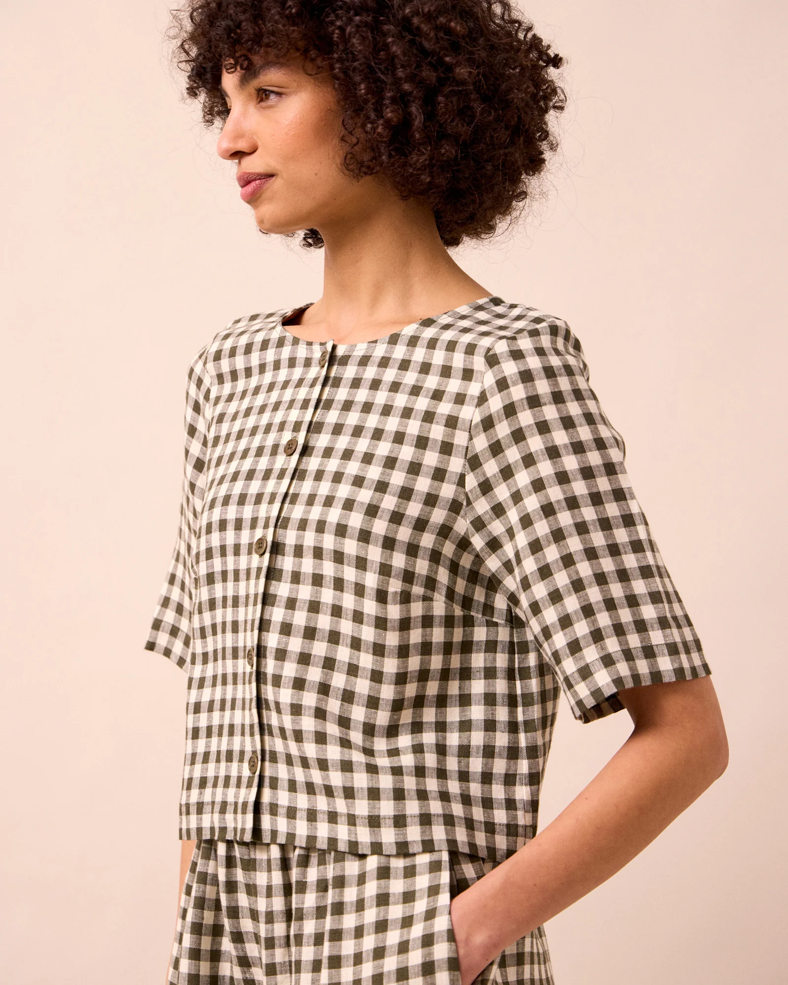 Evelyn Olive Gingham Linen Top - Image 3