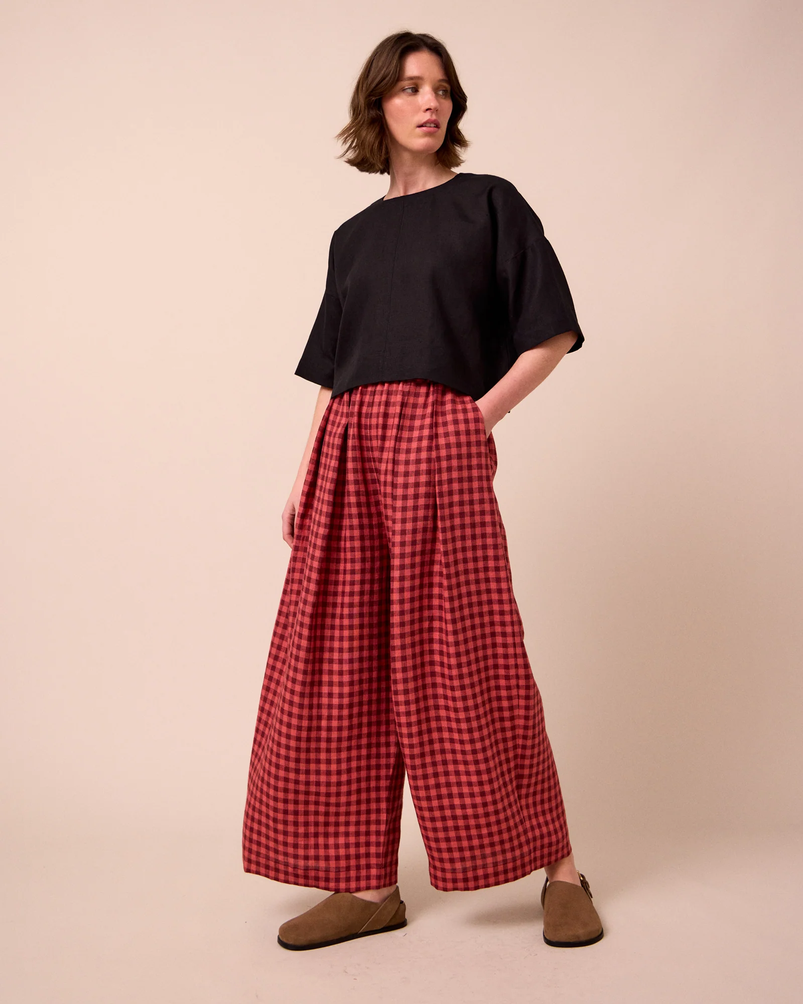 Layne Deep Rose Gingham Linen Trousers - Image 2