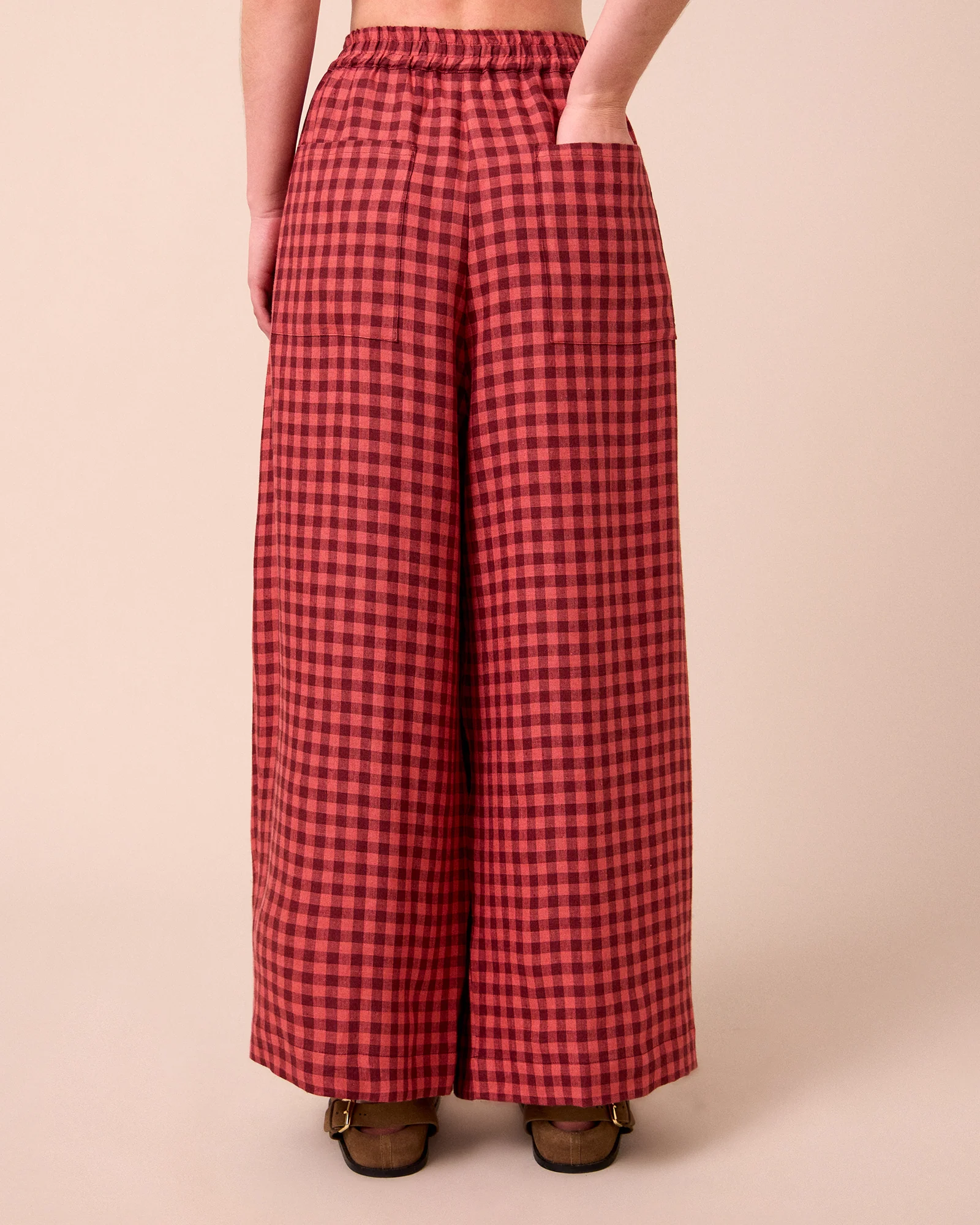 Layne Deep Rose Gingham Linen Trousers - Image 4