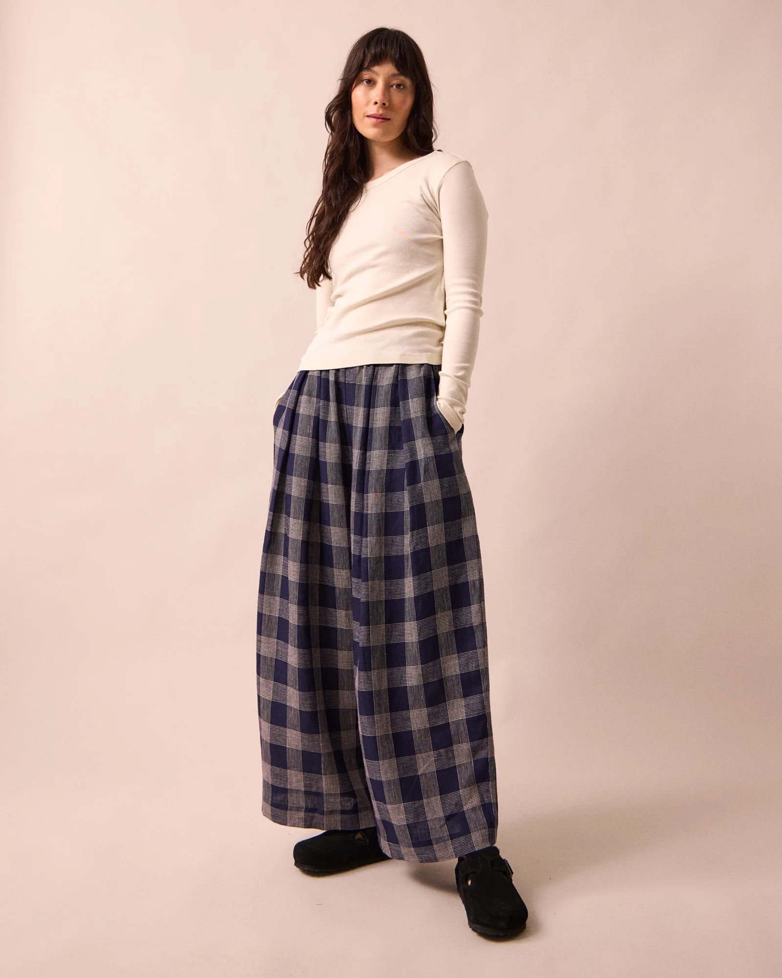 Layne Navy Plaid Linen Trousers - Image 2