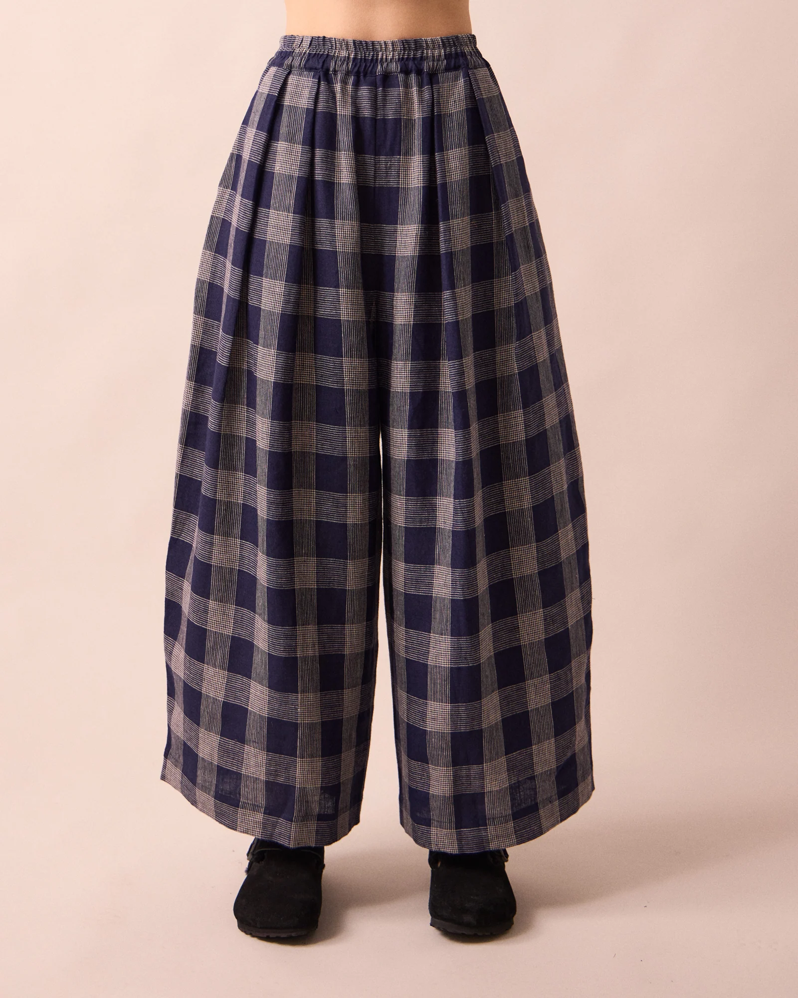 Layne Navy Plaid Linen Trousers - Image 3