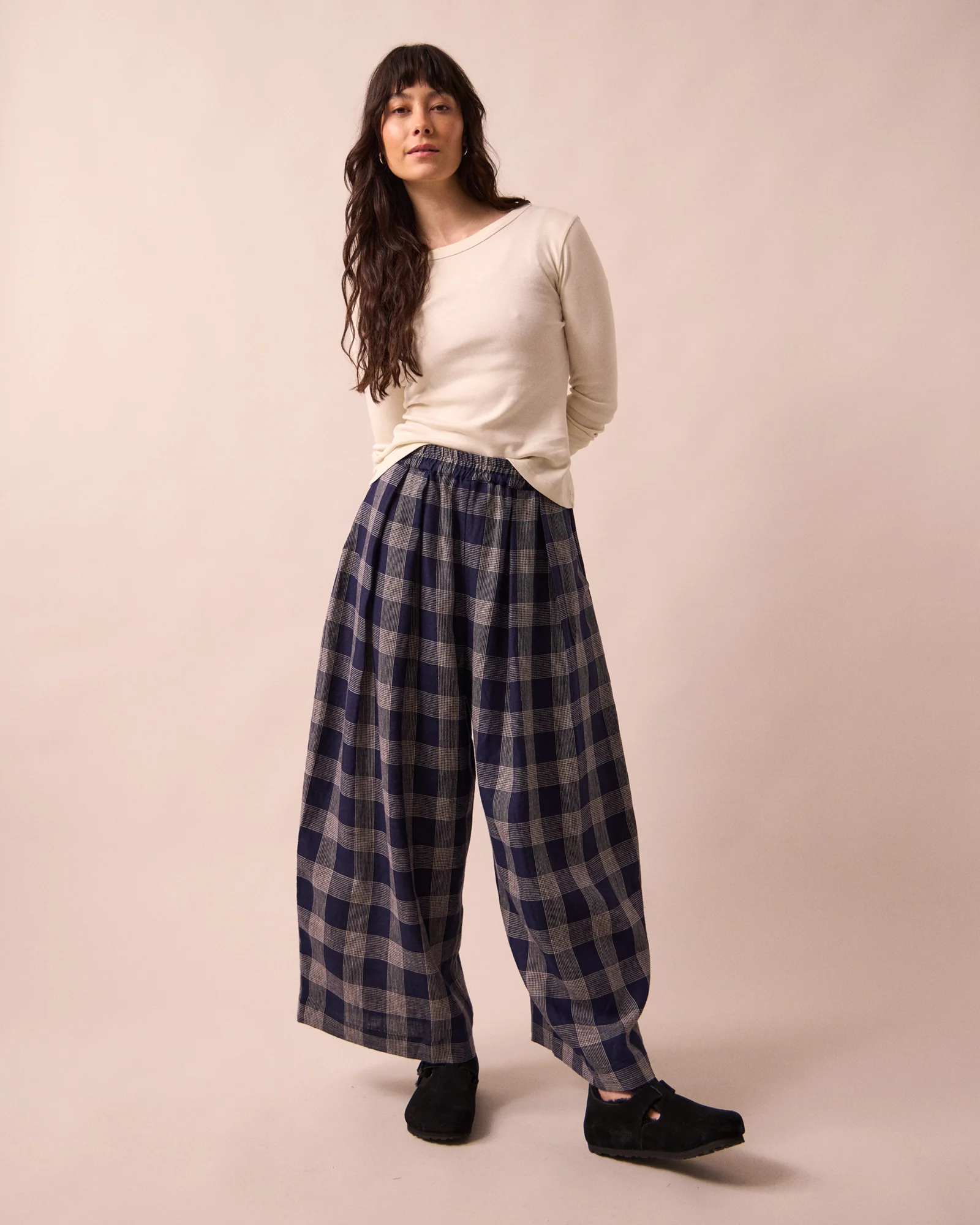 Layne Navy Plaid Linen Trousers - Image 4