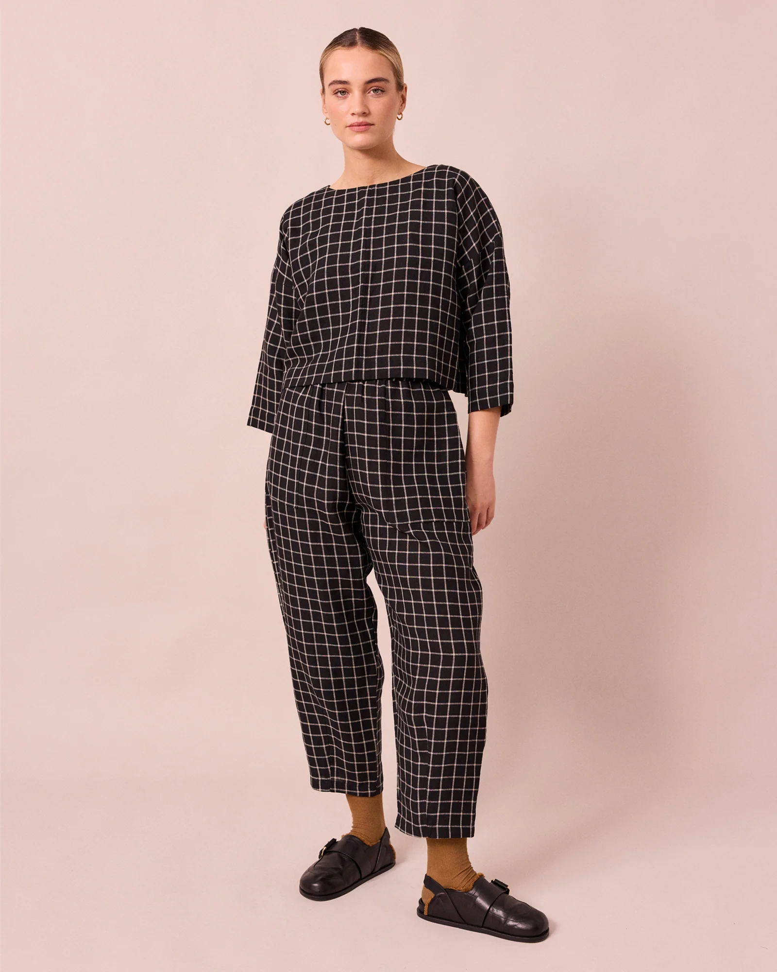 Lily Black Grid Linen Top - Image 2