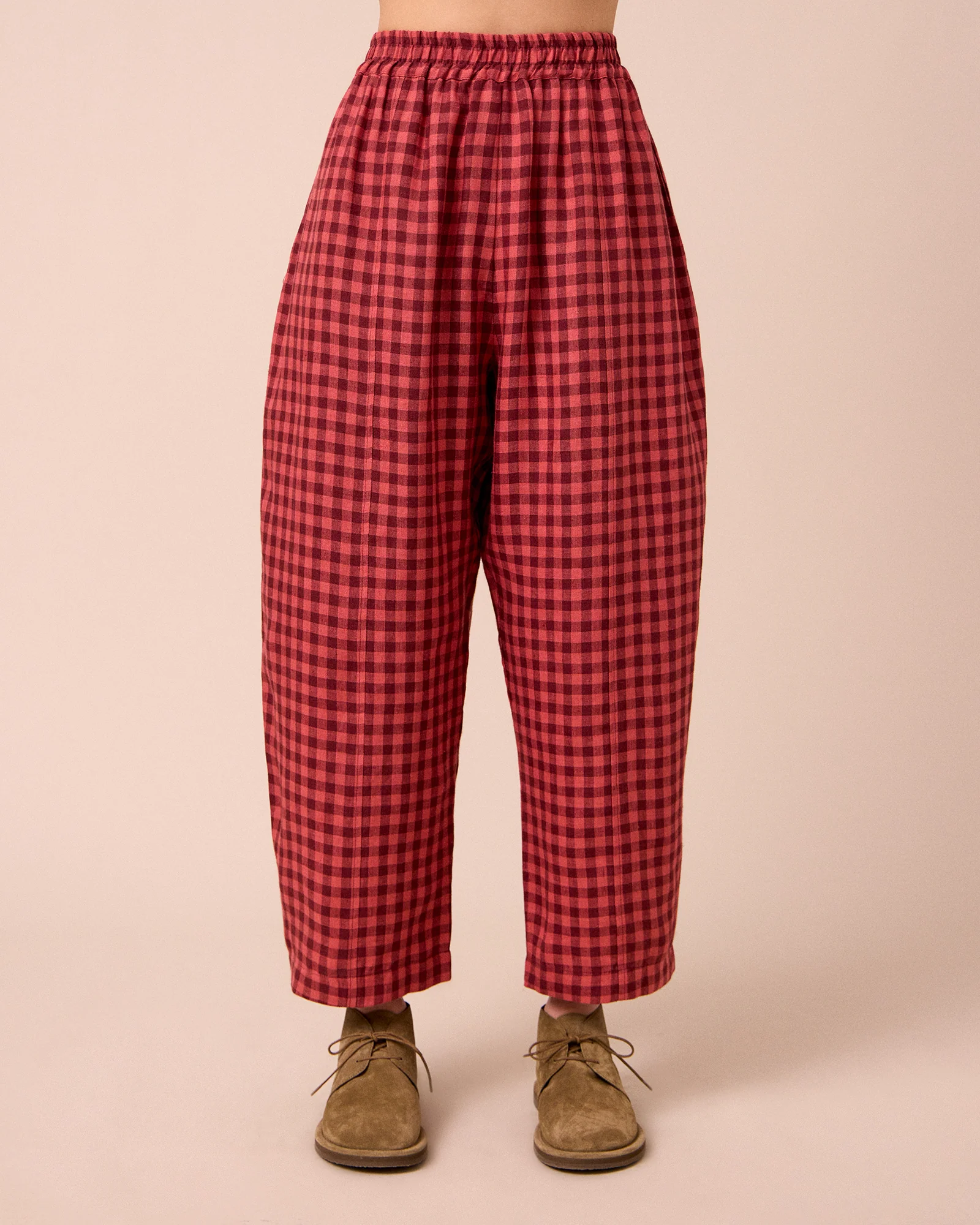 Mabel Deep Rose Gingham Linen Trousers - Image 3