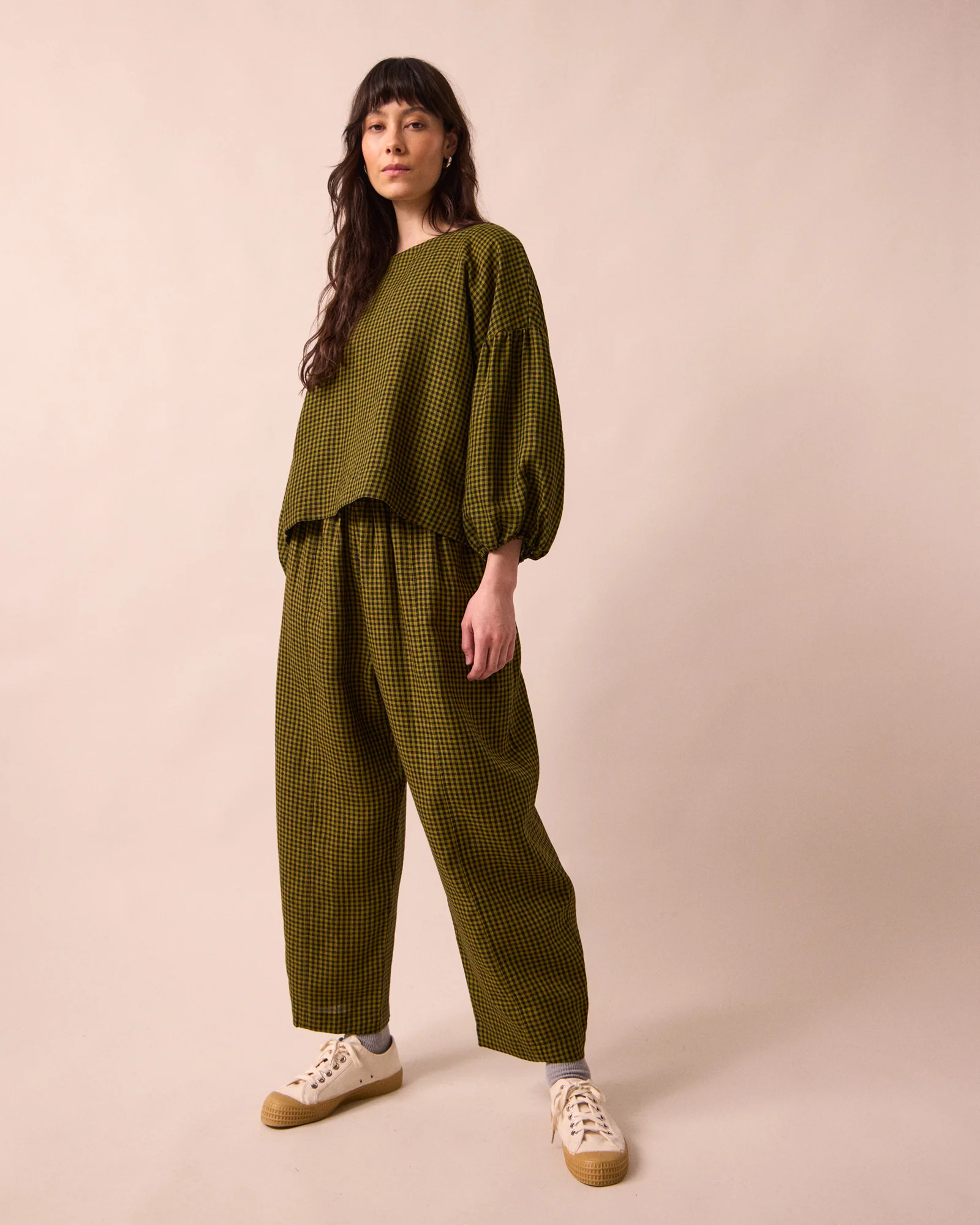 Mabel Fresh Olive Mini Gingham Linen Trousers - Image 4