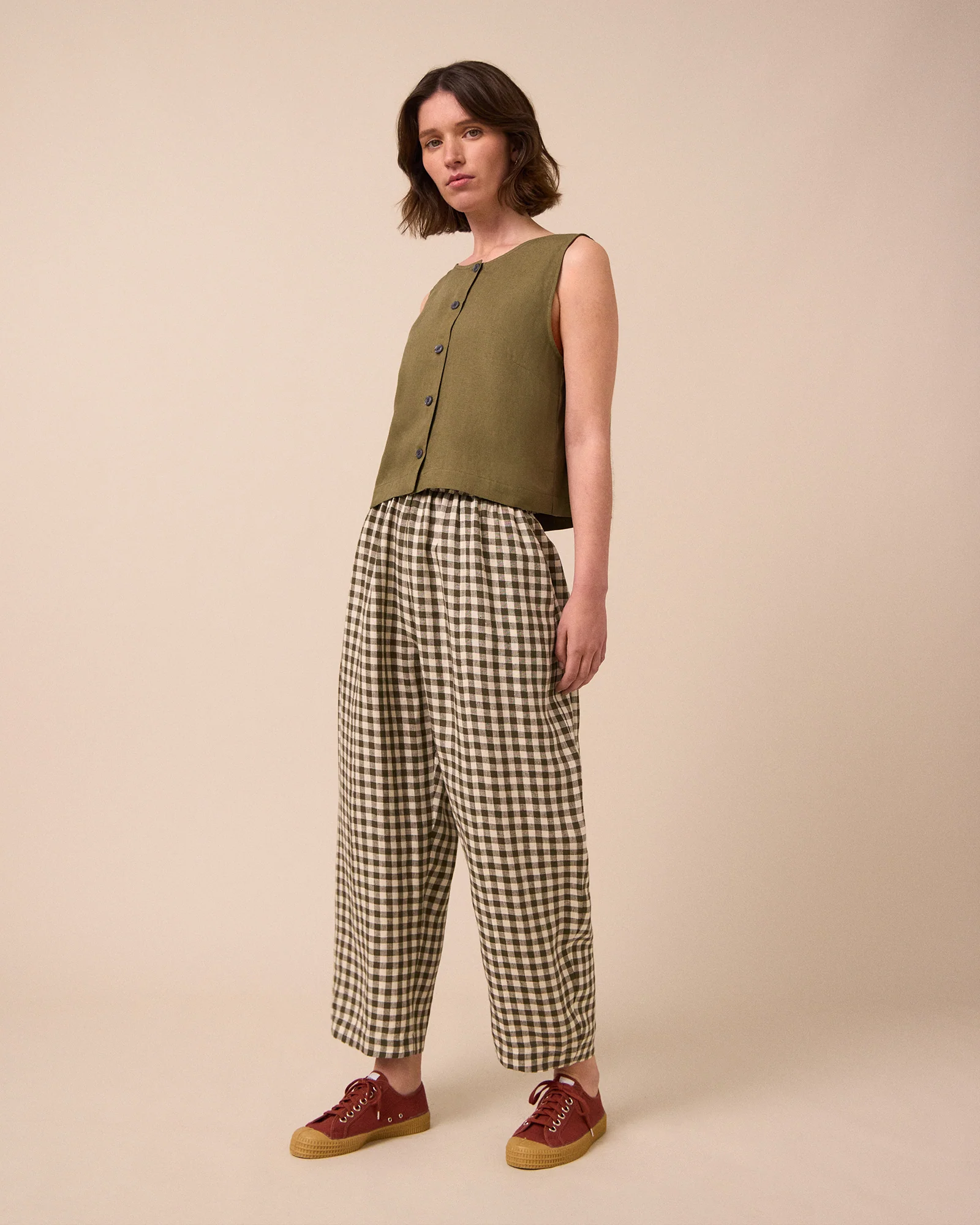 Mabel Olive Gingham Linen Trousers - Image 3