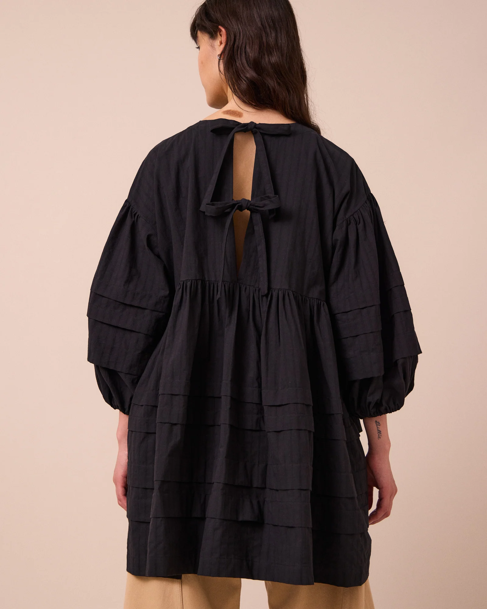 Nina Black Self Stripe Cotton Dress - Image 3
