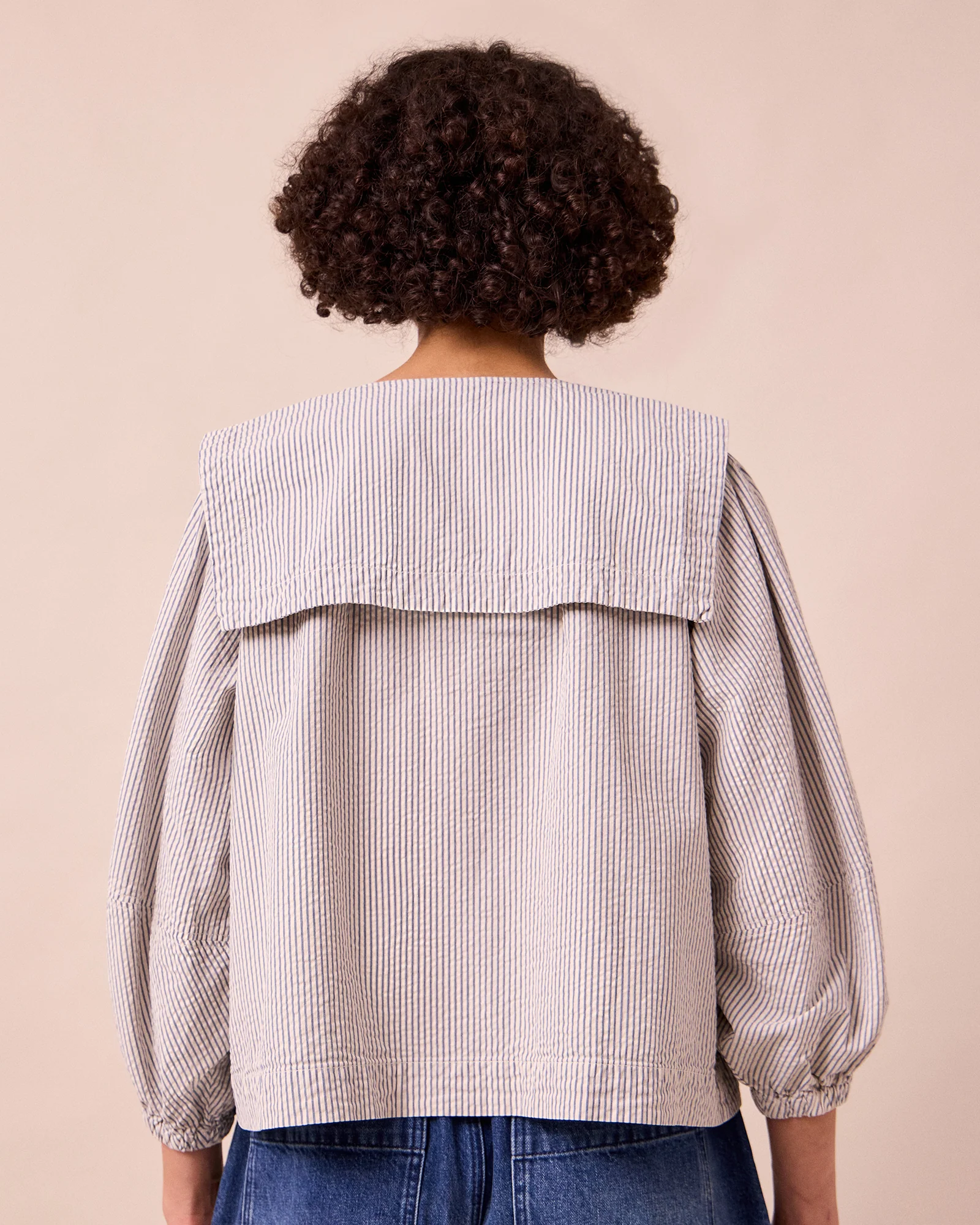 Rowen Ecru & Blue Stripe Seersucker Top - Image 4