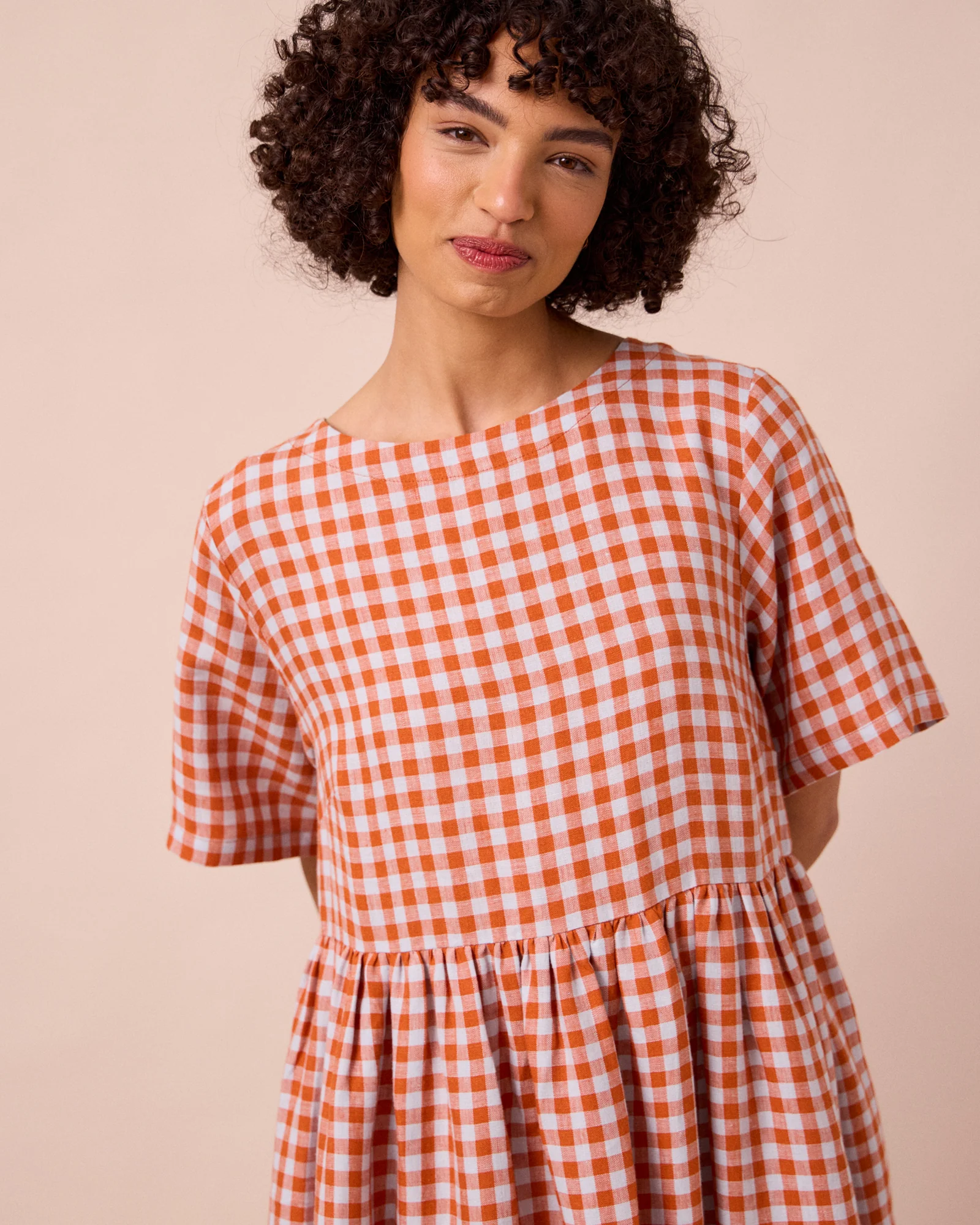 Verona Burnt Orange Gingham Linen Dress - Image 3